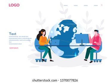 Networking between many people from all over the world. Vector for web banner, infographics, . Illustration on white background. Online dating service. Virtual Chat, world globe communication.