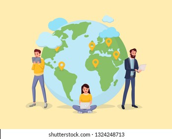 Networking between people from all over the world. Global worldwide communication vector illustration. Social media concept