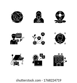 Networking black glyph icons set on white space. Global networking. Corporate communication. Intern in company training. Promotion through local media. Silhouette symbols. Vector isolated illustration
