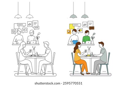 Networking Breakfast vectors, in a modern café setting, people are engaged in work or casual conversations while sitting at their tables. Some are sipping coffee or tea, enjoying the relaxed atmospher
