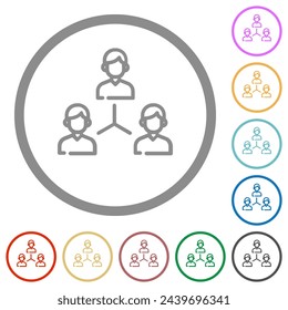 Networking business group outline flat color icons in round outlines on white background