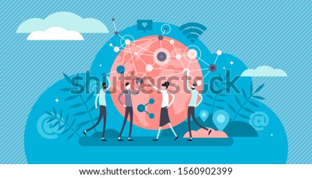 Networking business relations tiny persons concept vector illustration. Cyberspace online global communication, teamwork and cooperation. Human community growth and knowledge data exchange network.