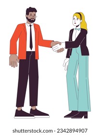 Networking businesspeople flat line vector spot illustration. Hands shaking diversity 2D cartoon outline characters on white for web UI design. Negotiating handshake editable isolated color hero image