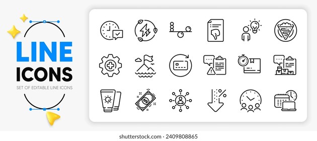Networking, Cardboard box and Crepe line icons set for app include Balance, Medicine, Sunscreen outline thin icon. Low percent, Work time, Inventory report pictogram icon. Mountain flag. Vector