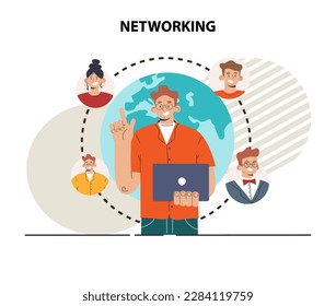 Redes. Colaboración de personajes, establecimiento de asociaciones o amistad a través de Internet. Caracteres que publican y comparten contenido en línea en la comunidad de la red. Ilustración plana del vector