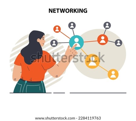 Networking. Characters collaboration, establishment of partnership or friendship through the internet. Characters posting and sharing content online in network community. Vector flat illustration