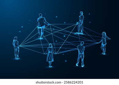 Networking, collaboration, and global communication concept. Business professionals connected by glowing lines. Abstract wireframe design on a dark blue background. Futuristic vector illustration