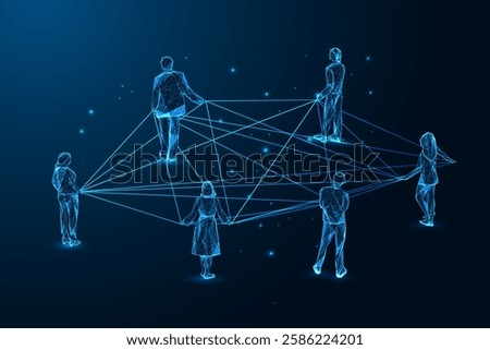 Networking, collaboration, and global communication concept. Business professionals connected by glowing lines. Abstract wireframe design on a dark blue background. Futuristic vector illustration