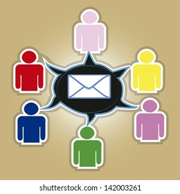 networking communication illustration, background colorful icons vintage.