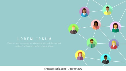 Networking concept with diverse people in colorful flat design. Social and business network banner background.