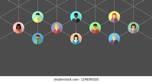Networking concept with diverse people and dotted lines. Network banner  in flat design on dark grey background.