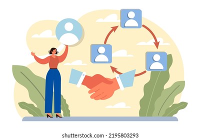 Networking concept. Employees collaboration, establishment of partnership working. Office characters working in team. Flat vector illustration