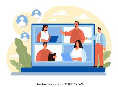 Concepto de red. Colaboración de los empleados, establecimiento de asociaciones de colaboración. Personajes de Office trabajando en equipo. Ilustración vectorial plana