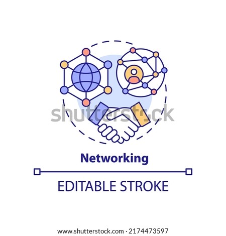 Networking concept icon. Essential life skill abstract idea thin line illustration. Building connections. Communication. Isolated outline drawing. Editable stroke. Arial, Myriad Pro-Bold fonts used
