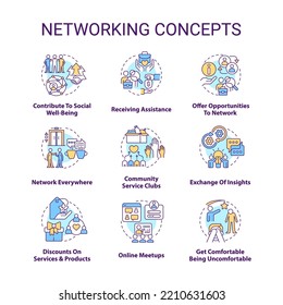 Juego de iconos de concepto de red. Construir conexiones profesionales. Expandir las ilustraciones de color de línea delgada de la idea de contactos empresariales. Símbolos aislados. Trazo editable. Fuentes Roboto-Medium, Myriad Pro-Bold utilizadas