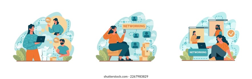 Conjunto de conceptos de red. Colaboración de los empleados, establecimiento de asociaciones de colaboración. Caracteres de Office publicando y compartiendo ideas empresariales. Ilustración plana del vector