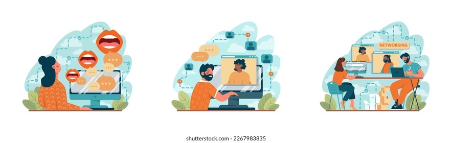 Conjunto de conceptos de red. Colaboración de los empleados, establecimiento de asociaciones de colaboración. Caracteres de Office publicando y compartiendo ideas empresariales. Ilustración plana del vector