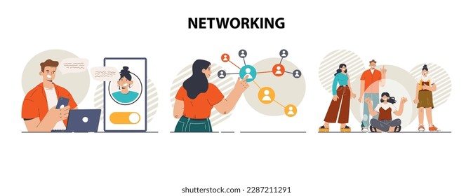 Networking concept set. Employees collaboration, establishment of partnerships working through the internet. Office characters posting and sharing ideas or content online. Vector flat illustration
