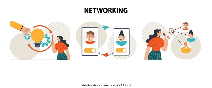 Networking concept set. Employees collaboration, establishment of partnerships working through the internet. Office characters posting and sharing ideas or content online. Vector flat illustration