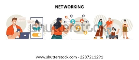 Networking concept set. Employees collaboration, establishment of partnerships working through the internet. Office characters posting and sharing ideas or content online. Vector flat illustration