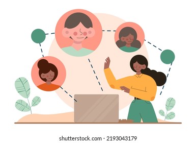 Networking concept set. People collaboration, global connection establishment. Characters working in team through social network. SMM and business communication. Flat vector illustration