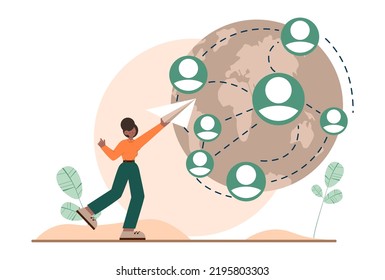 Networking concept set. People collaboration, global connection establishment. Characters working in team through social network. SMM and business communication. Flat vector illustration