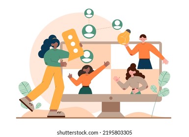 Networking concept set. People collaboration, global connection establishment. Characters working in team through social network. SMM and business communication. Flat vector illustration