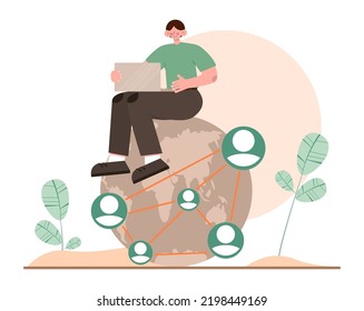 Conjunto de conceptos de red. Colaboración popular, establecimiento de conexiones globales. Personajes trabajando en equipo a través de las redes sociales. SMM y comunicación comercial. Ilustración vectorial plana