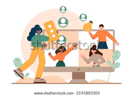 Networking concept set. People collaboration, global connection establishment. Characters working in team through social network. SMM and business communication. Flat vector illustration