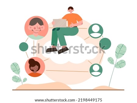 Networking concept set. People collaboration, global connection establishment. Characters working in team through social network. SMM and business communication. Flat vector illustration