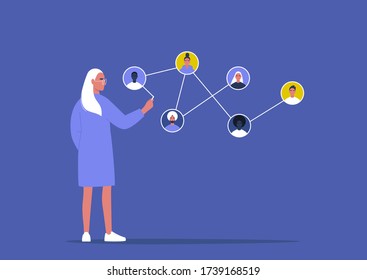 Networking concept, young female character connecting together different members of the system