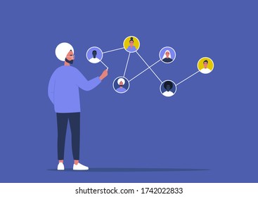 Networking concept, young indian male character connecting together different members of the system