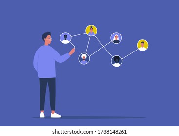 Networking concept, young male character connecting together different members of the system