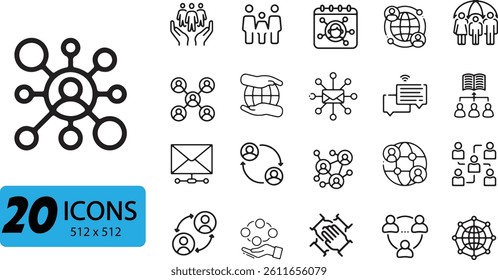Networking and Connection Icon Set: 20 Outline Vector Illustrations Depicting Social Links and Communication