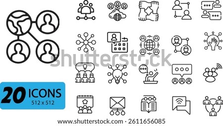 Networking and Connection Icon Set: 20 Outline Vector Illustrations Depicting Social Links and Communication