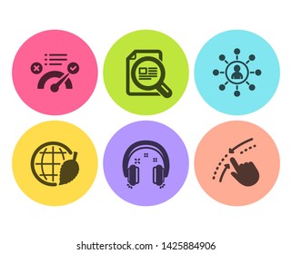 Networking, Correct answer and Check article icons simple set. Headphones, Environment day and Swipe up signs. Business communication, Approved. Business set. Flat networking icon. Circle button