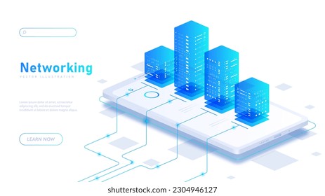 Networking and data processing. Smartphone with columns. Information storage, electronic archive or cloud service. Energy station, hardware. Landing page design. Isometric vector illustration