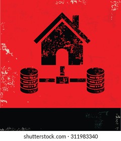 Networking and database design on red background, grunge vector