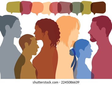 Establecimiento de redes y diálogo con poblaciones multiétnicas. Un grupo de personas aisladas de varios colores. Ilustración vectorial. Comunicación a través de redes y burbujas de voz.