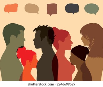 Networking and dialogue with multiethnic populations. Talking group of isolated people of various colours. Vector Illustration. Communication through networking and speech bubbles. 