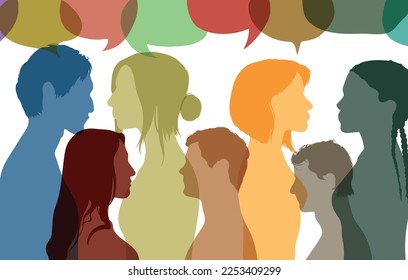 Networking and dialogue with multiethnic populations. Talking group of isolated people of various colours. Vector Illustration. Communication through networking and speech bubbles.