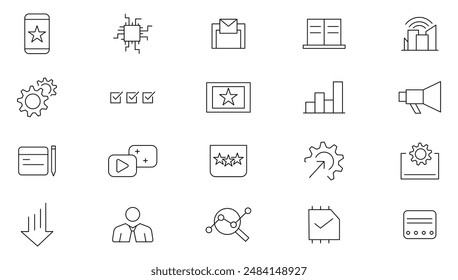 Networking digital line icon set. Business, management, configuration, monitoring system,  performance, security, digital infrastructure, machine learning outline icon collection. UI thin icon
