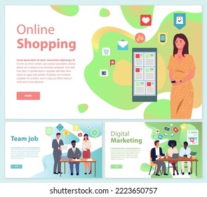 Networking, digital marketing concept. Team works with attraction of customers, increase popuarity of website. Team job. Online shopping. Creating work profile in social network, web promotion