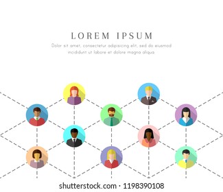 Networking diverse people connected by dotted lines. Social and business network concept in colorful flat design on white background. 