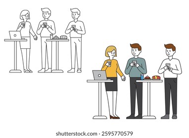 Networking Event Coffee Break vectors, During a coffee break at the conference, employees engage in lively conversations, sharing ideas and experiences. The atmosphere is filled with smiles as profess