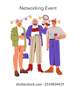 Networking Event concept. Professionals mingling and communicating at a casual gathering. Social interaction, exchanging ideas, and building connections. Vector illustration.