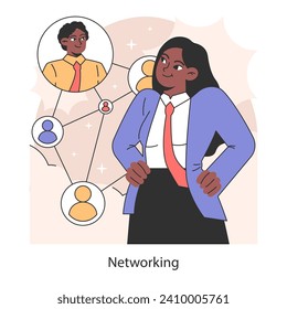 Networking. Female business character building professional connections and expanding business circles. Confident individual engaging with a diverse network. Flat vector illustration.