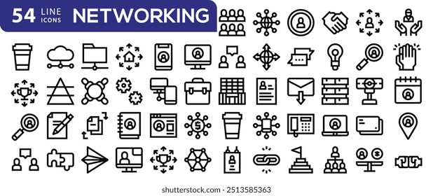 Conjunto de iconos planos de red. Conexión, eventos, inclusión, Recomendación, comunidad, iconos de redes en línea y más signos