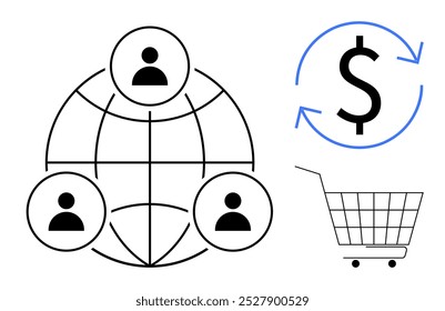 A rede e a colaboração global são representadas por três ícones humanos conectados por um globo. O símbolo de dólar com setas sugere câmbio de moeda, complementado por um carrinho de compras. Ideal para