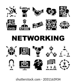 Networking Global Communication Icons Set Vector. People Networking Connection And Discussion, Cards Exchange And Direction Choice, Personal Rating And Team Work Glyph Pictograms Black Illustrations